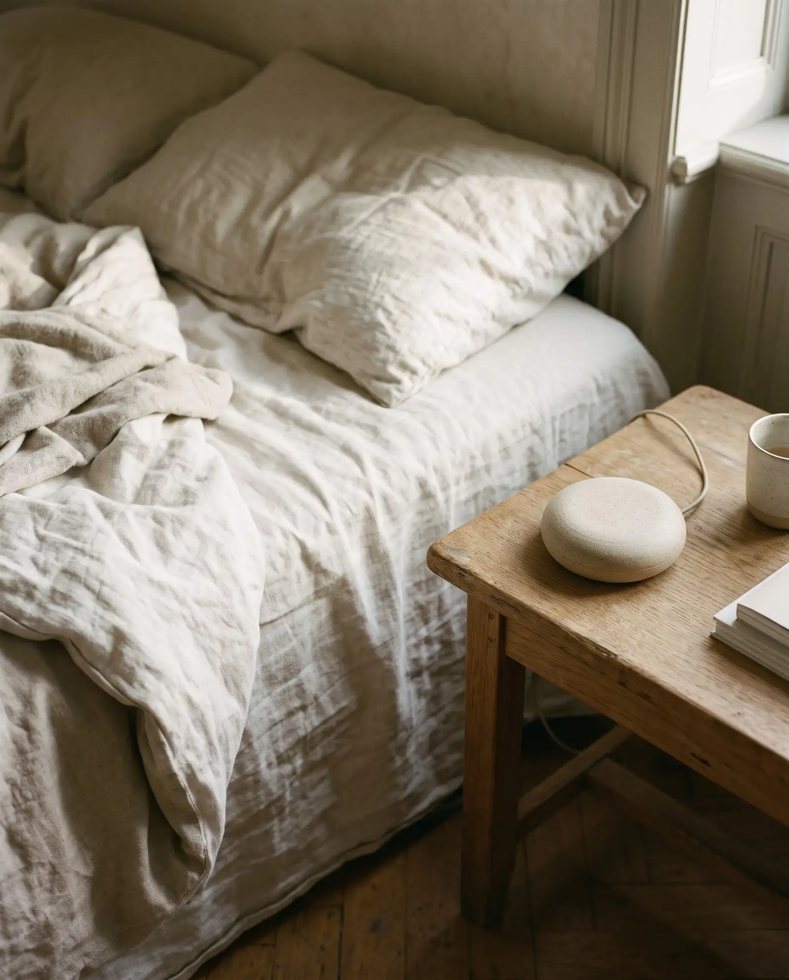 A photograph from the demo series Velmira: linen bed and a stone bedside speaker